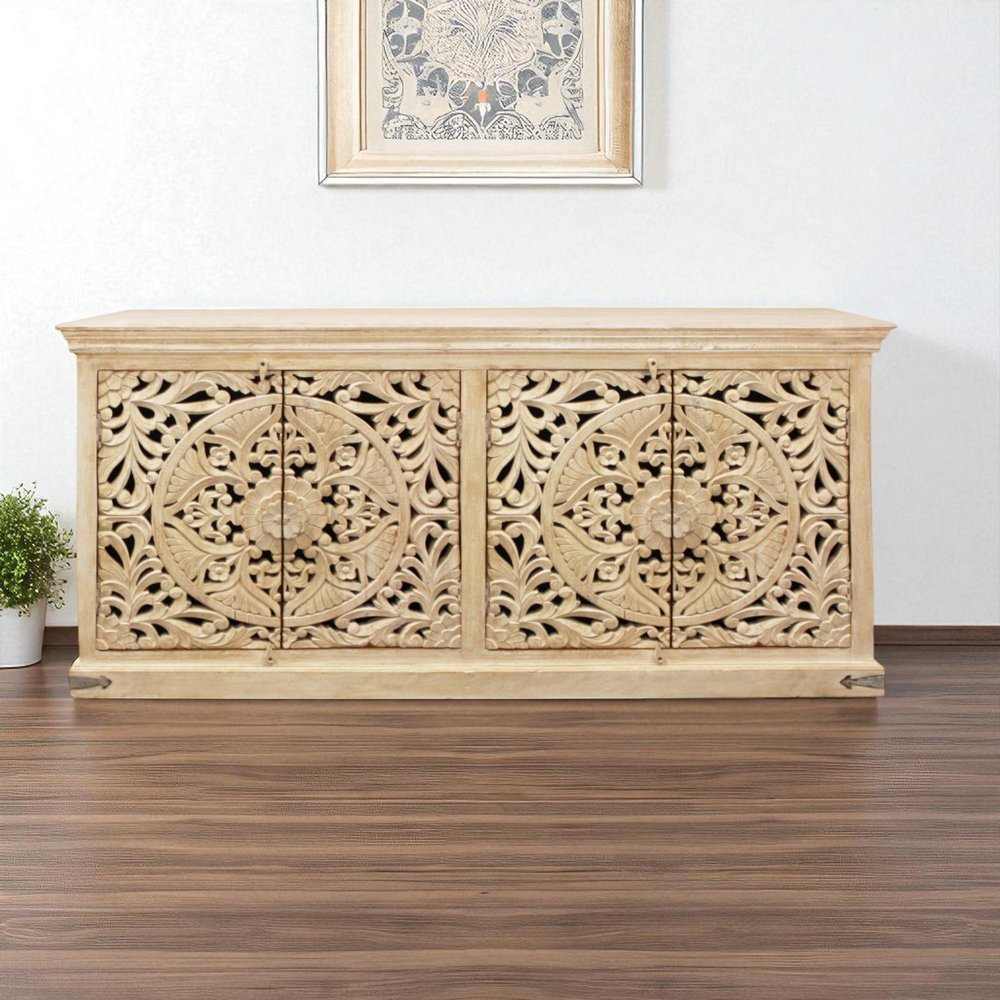 71" Beige Distressed Solid Wood Carved Scrollwork Sideboard with Four Doors HomeRoots