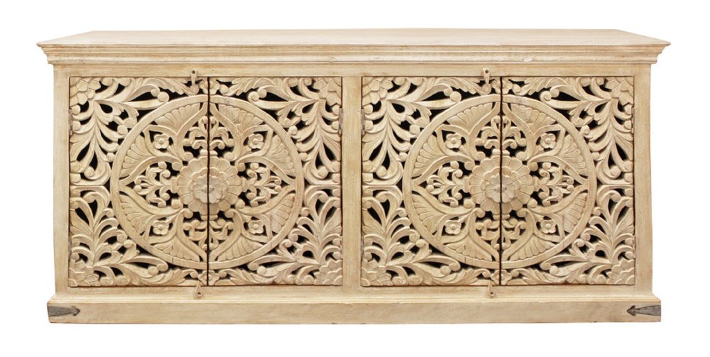 71" Beige Distressed Solid Wood Carved Scrollwork Sideboard with Four Doors HomeRoots