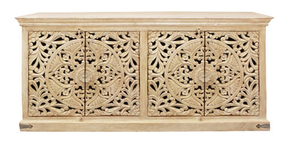 71" Beige Distressed Solid Wood Carved Scrollwork Sideboard with Four Doors HomeRoots