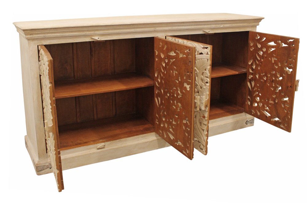71" Beige Distressed Solid Wood Carved Scrollwork Sideboard with Four Doors — view 5
