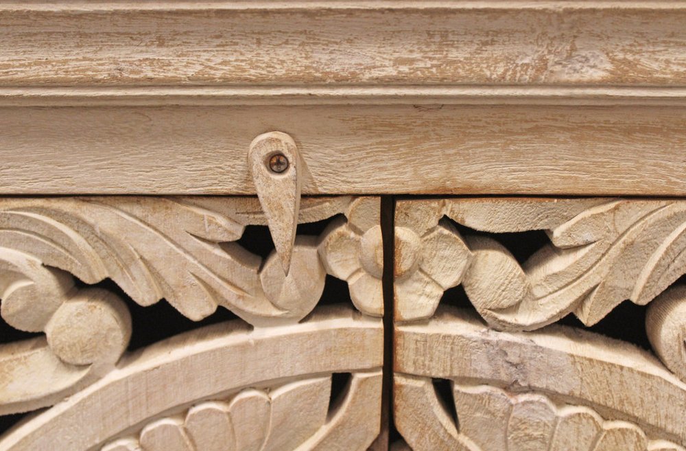 71" Beige Distressed Solid Wood Carved Scrollwork Sideboard with Four Doors HomeRoots