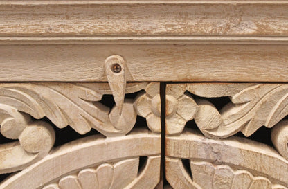 71" Beige Distressed Solid Wood Carved Scrollwork Sideboard with Four Doors HomeRoots