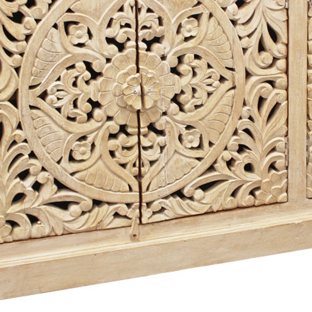 71" Beige Distressed Solid Wood Carved Scrollwork Sideboard with Four Doors — view 7