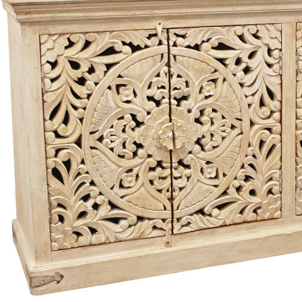 71" Beige Distressed Solid Wood Carved Scrollwork Sideboard with Four Doors HomeRoots