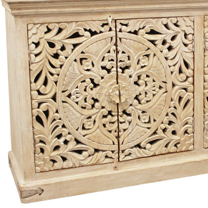 71" Beige Distressed Solid Wood Carved Scrollwork Sideboard with Four Doors HomeRoots