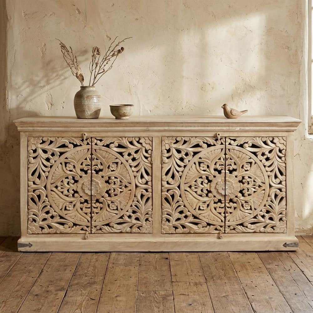 71" Beige Distressed Solid Wood Carved Scrollwork Sideboard with Four Doors — view 11