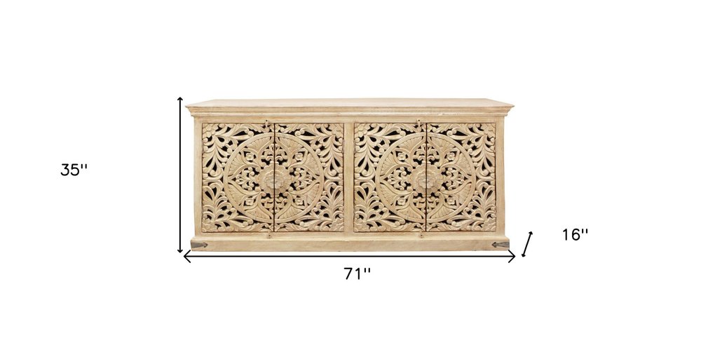 71" Beige Distressed Solid Wood Carved Scrollwork Sideboard with Four Doors HomeRoots