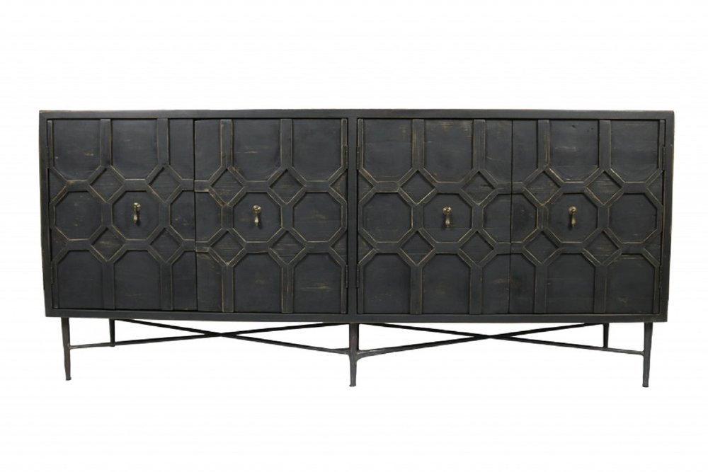 71" Brown Distressed Solid Wood Carved Geometric Sideboard with Four Doors HomeRoots