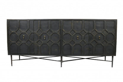 71" Brown Distressed Solid Wood Carved Geometric Sideboard with Four Doors HomeRoots