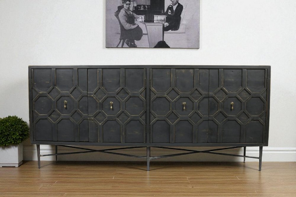 71" Brown Distressed Solid Wood Carved Geometric Sideboard with Four Doors HomeRoots