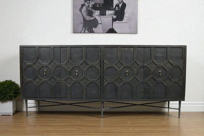 71" Brown Distressed Solid Wood Carved Geometric Sideboard with Four Doors HomeRoots
