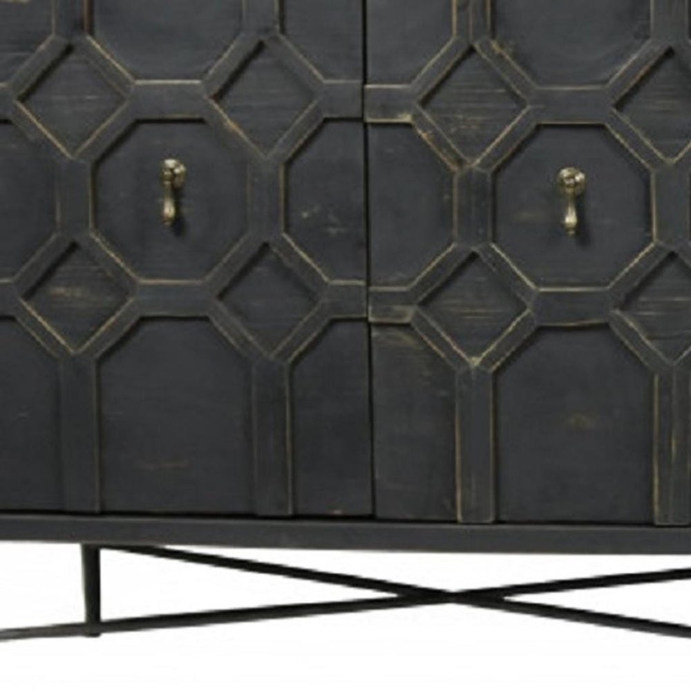 71" Brown Distressed Solid Wood Carved Geometric Sideboard with Four Doors HomeRoots