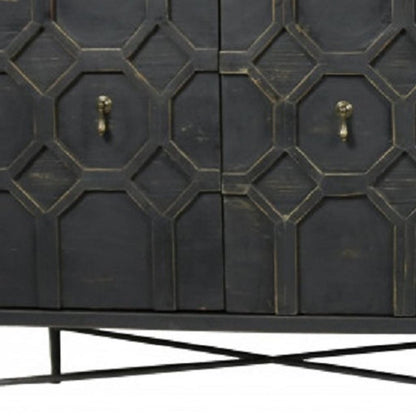 71" Brown Distressed Solid Wood Carved Geometric Sideboard with Four Doors HomeRoots