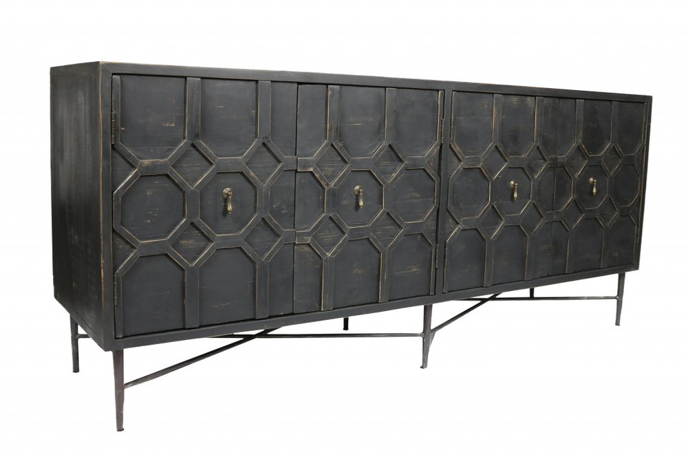 71" Brown Distressed Solid Wood Carved Geometric Sideboard with Four Doors HomeRoots