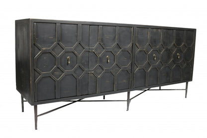 71" Brown Distressed Solid Wood Carved Geometric Sideboard with Four Doors HomeRoots