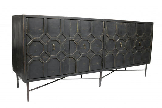 71" Brown Distressed Solid Wood Carved Geometric Sideboard with Four Doors HomeRoots