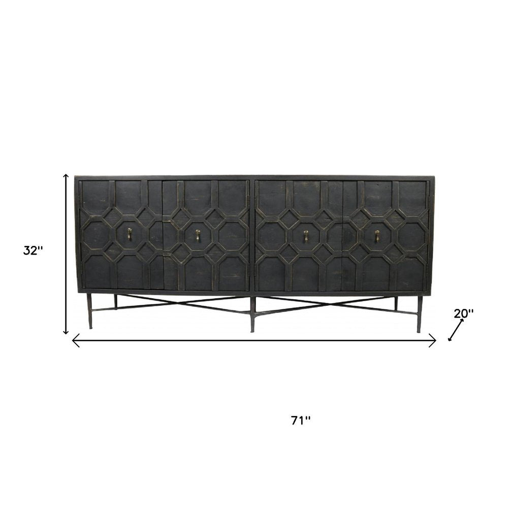 71" Brown Distressed Solid Wood Carved Geometric Sideboard with Four Doors HomeRoots