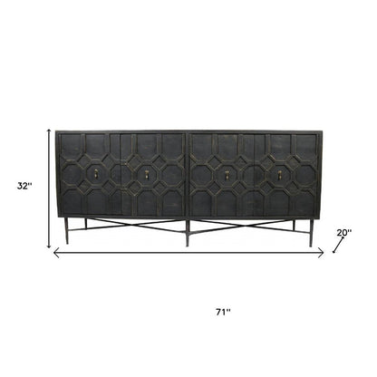 71" Brown Distressed Solid Wood Carved Geometric Sideboard with Four Doors HomeRoots