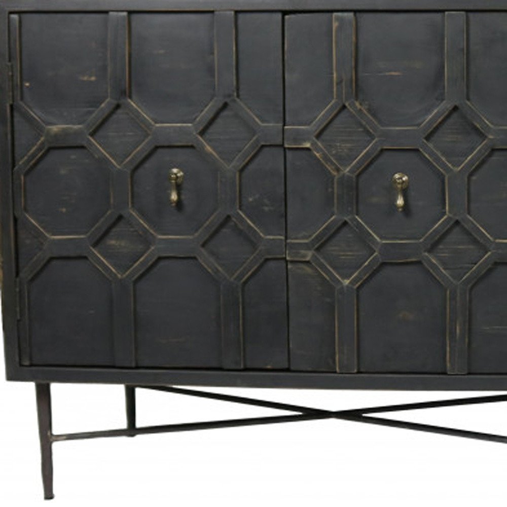 71" Brown Distressed Solid Wood Carved Geometric Sideboard with Four Doors HomeRoots