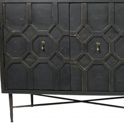 71" Brown Distressed Solid Wood Carved Geometric Sideboard with Four Doors HomeRoots