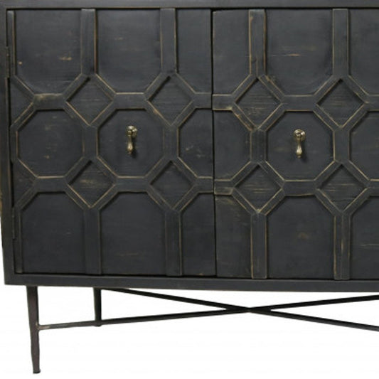 71" Brown Distressed Solid Wood Carved Geometric Sideboard with Four Doors HomeRoots