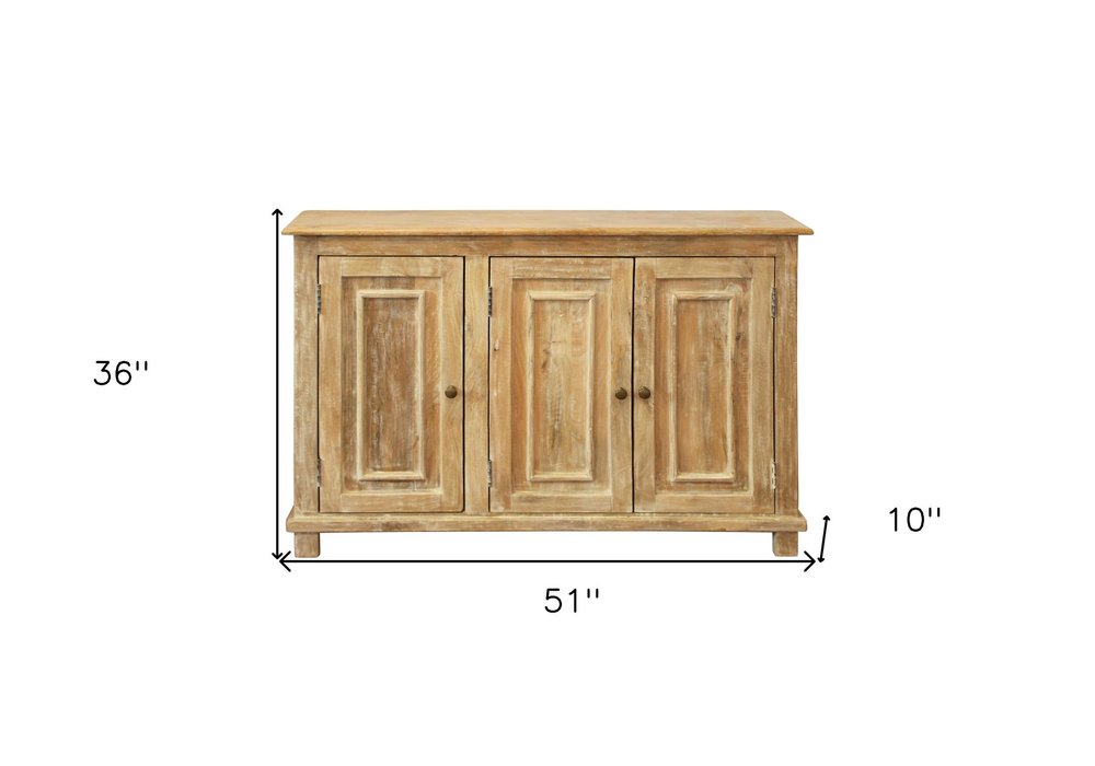 51" Natural Distressed Solid Wood Sideboard with Three Doors HomeRoots