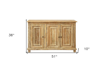 51" Natural Distressed Solid Wood Sideboard with Three Doors HomeRoots