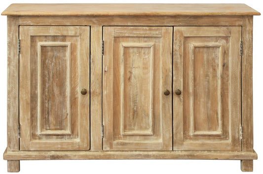 51" Natural Distressed Solid Wood Paneled Sideboard With Three Doors HomeRoots