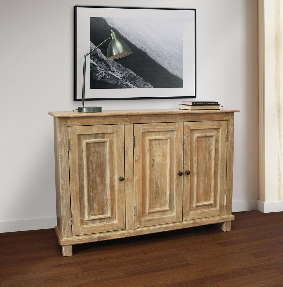 51" Natural Distressed Solid Wood Sideboard with Three Doors HomeRoots
