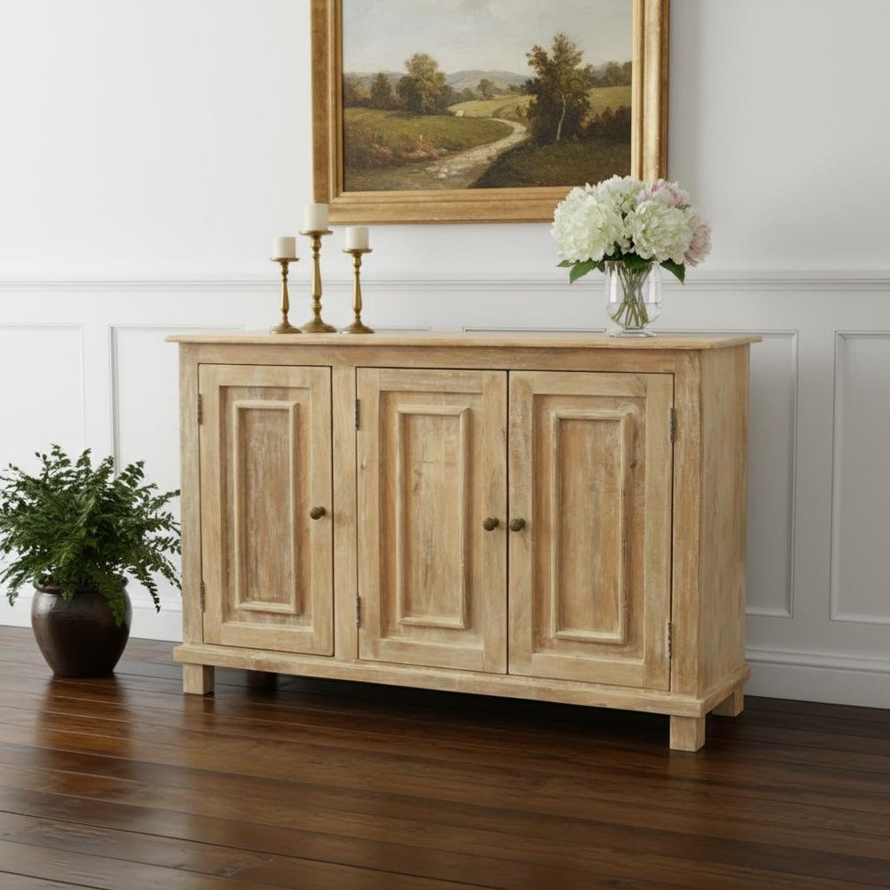 51" Natural Distressed Solid Wood Sideboard with Three Doors HomeRoots