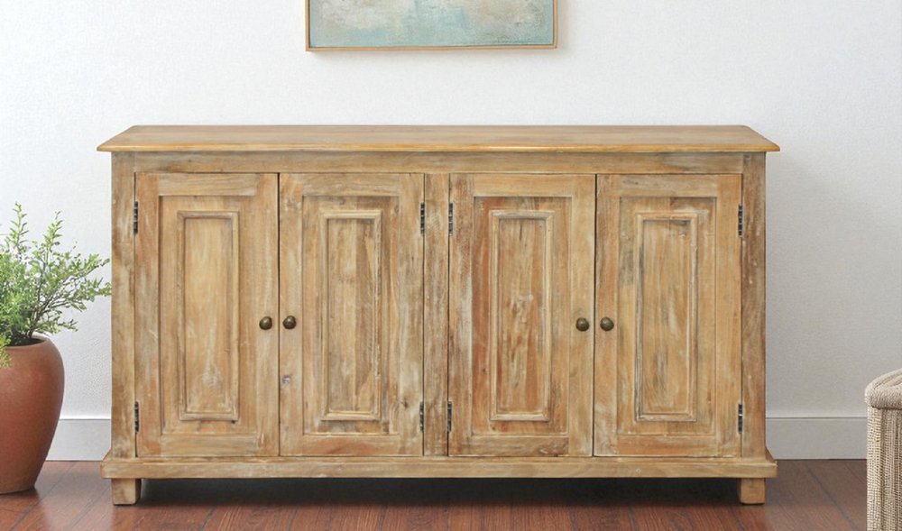 60" Natural Distressed Solid Wood Sideboard with Four Doors HomeRoots