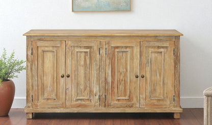 60" Natural Distressed Solid Wood Sideboard with Four Doors HomeRoots