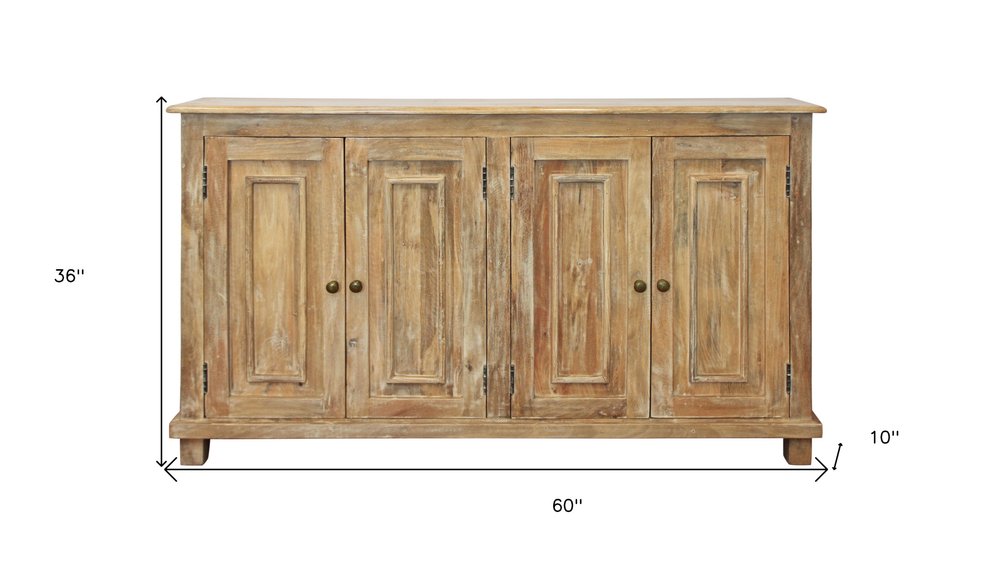 60" Natural Distressed Solid Wood Sideboard with Four Doors HomeRoots