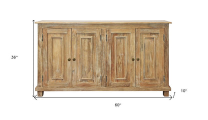 60" Natural Distressed Solid Wood Sideboard with Four Doors HomeRoots