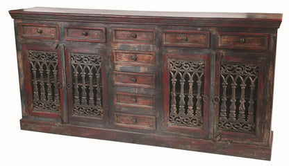 90" Brown Solid Wood Nine Drawer Buffet Table with Four Doors HomeRoots