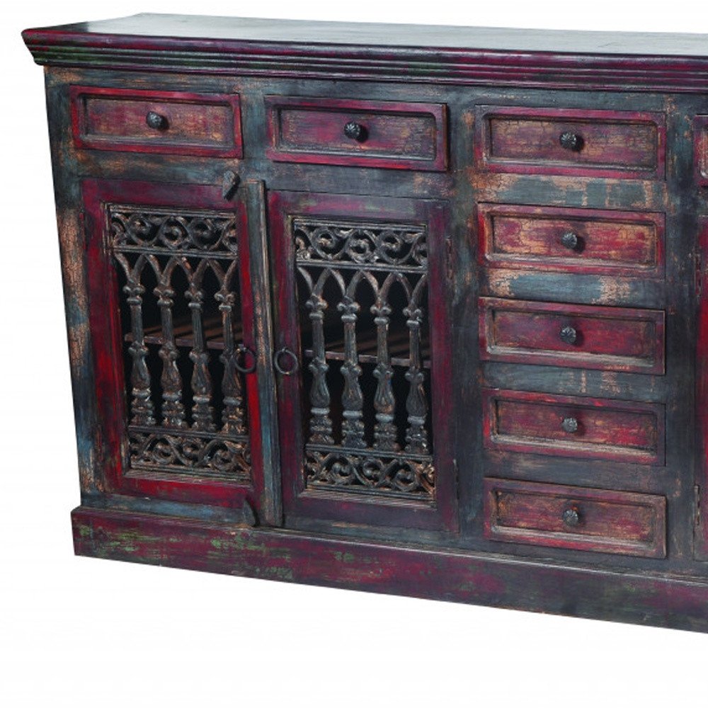 90" Brown Solid Wood Nine Drawer Buffet Table with Four Doors HomeRoots