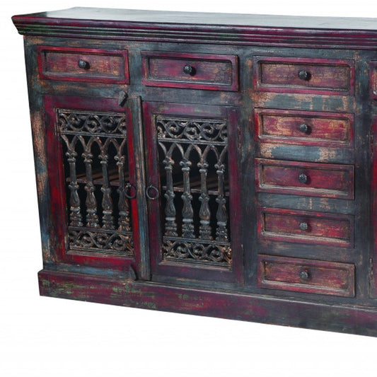 90" Brown Solid Wood Nine Drawer Buffet Table with Four Doors HomeRoots