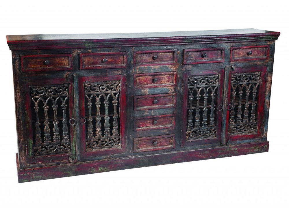 90" Brown Solid Wood Nine Drawer Buffet Table with Four Doors HomeRoots