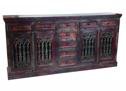 90" Brown Solid Wood Nine Drawer Buffet Table with Four Doors HomeRoots