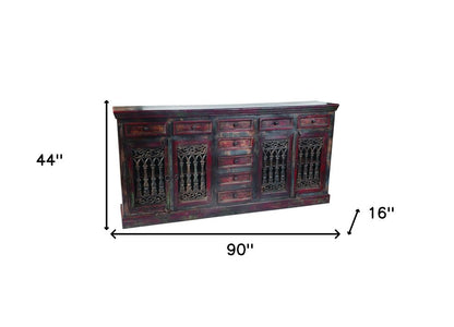 90" Brown Solid Wood Nine Drawer Buffet Table with Four Doors HomeRoots