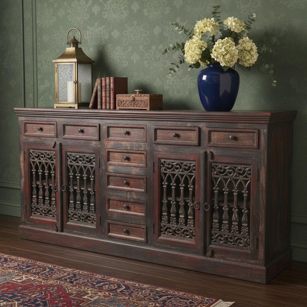 90" Brown Solid Wood Nine Drawer Buffet Table with Four Doors HomeRoots