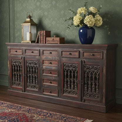 90" Brown Solid Wood Nine Drawer Buffet Table with Four Doors HomeRoots
