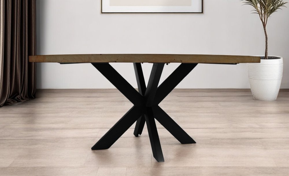 72" Gray Beige And Black Solid Wood And Iron Round Dining Table HomeRoots