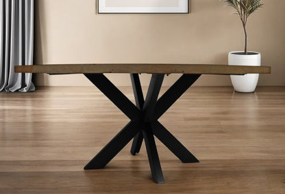 60" Natural And Black Rounded Solid Wood And Iron Pedestal Base Dining Table HomeRoots