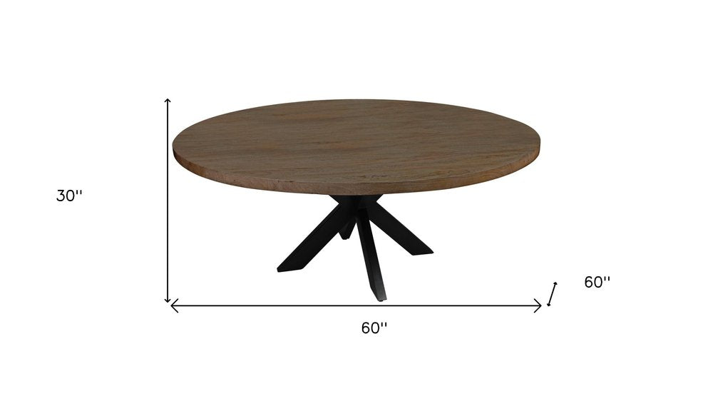 60" Natural And Black Rounded Solid Wood And Iron Pedestal Base Dining Table HomeRoots