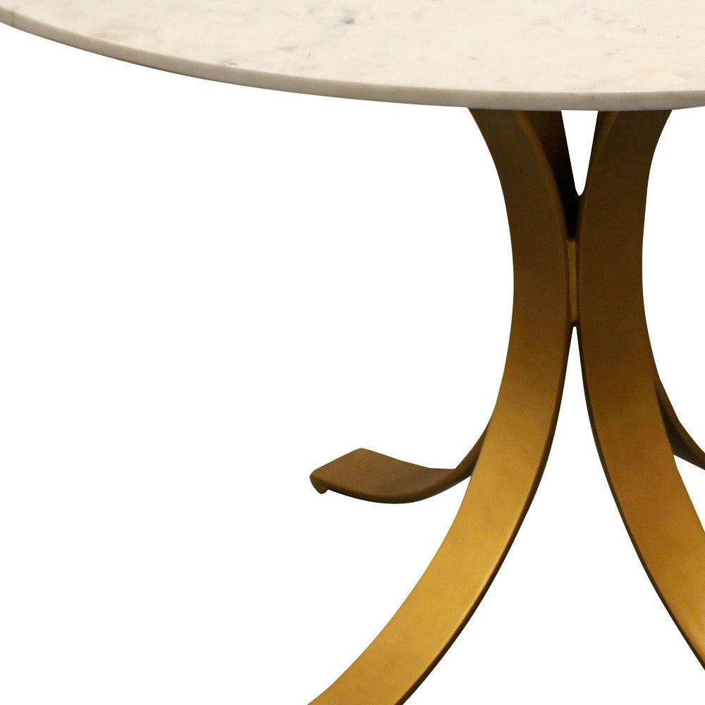 48" Ivory And Brass Rounded Marble And Iron Pedestal Base Dining Table