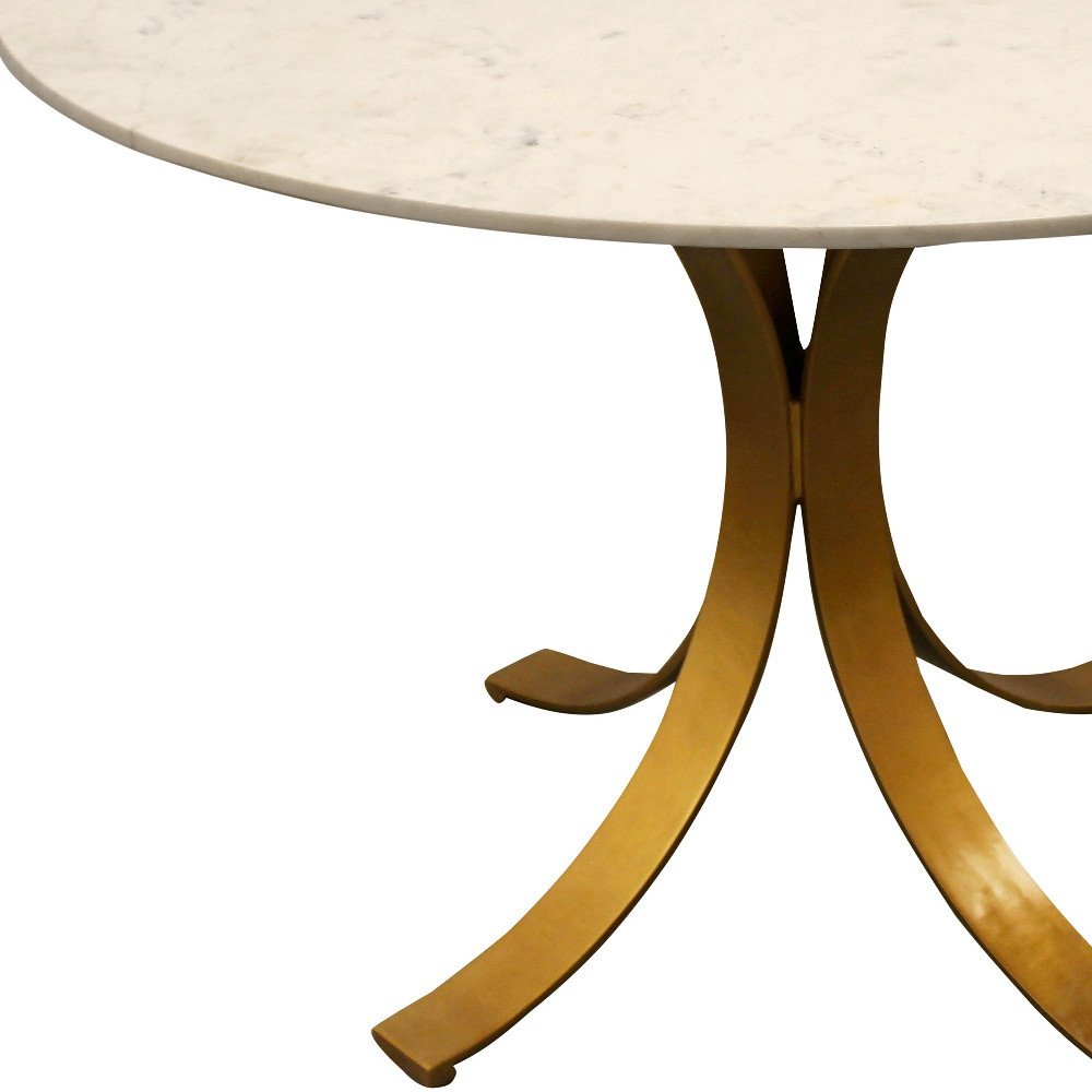 48" Ivory And Brass Rounded Marble And Iron Pedestal Base Dining Table HomeRoots