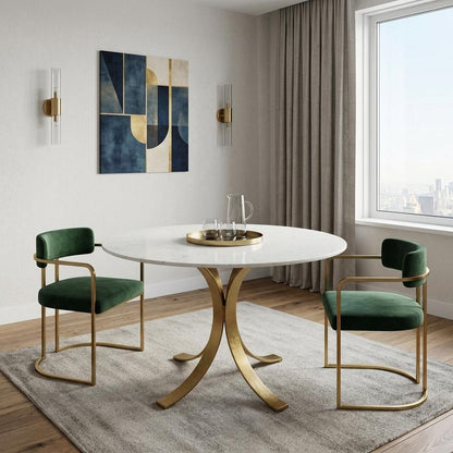 48" Ivory And Brass Rounded Marble And Iron Pedestal Base Dining Table HomeRoots