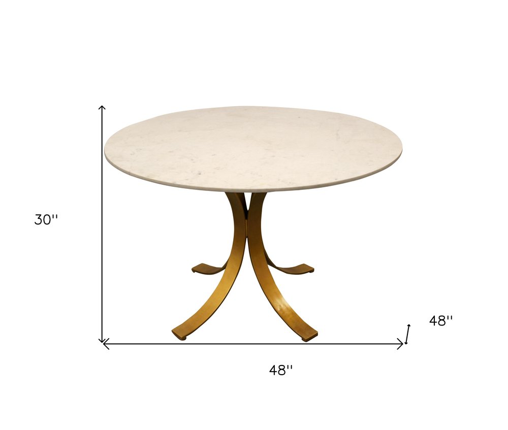 48" Ivory And Brass Rounded Marble And Iron Pedestal Base Dining Table HomeRoots