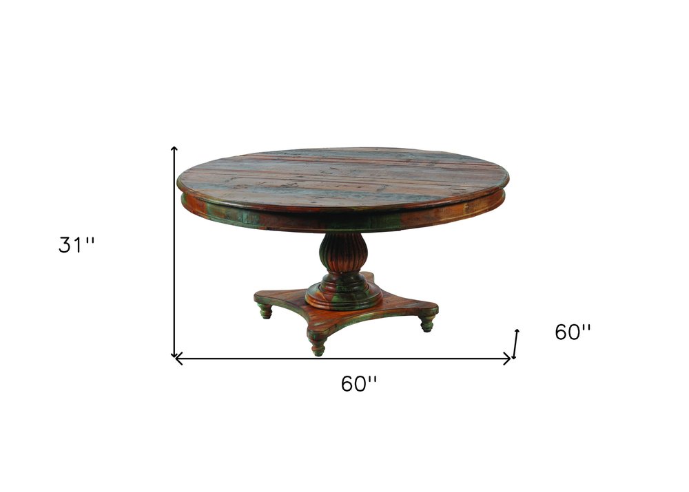 60" Brown Rounded Solid Wood Pedestal Base Dining Table HomeRoots